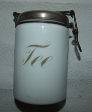 Aufbewahrungsdose, weiß mit Deckel, rund, Aufschrift Tee, Bügelverschluss, alt