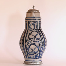 4,5l antiker Westerwälder Mostkrug Keramik geritzt Salzglasur Zinndeckel ca 1850