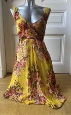 Pussycat London Chiffon Krepp Trägerkleid gelb mit roten Blumen gefüttert 36