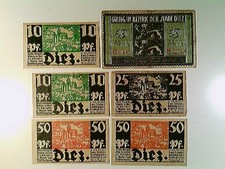 Notgeld Stadt Diez, 3x 10, 1x 25 und 2x 50 Pfennig, 1917/1919