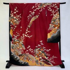 furisode Japanischer Kimono SEIDE "FURISODE" Rot Schwarz L Größe 4482
