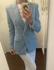 Zara Blazer lang Tweed Boucle hellblau S Herbst