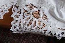 EXQUISITE ALTE HANDARBEIT BAUMWOLL TISCHTUCH BRÜSSELER SPITZE 260x160CM T21