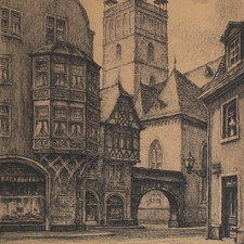 Darmstadt Stadtkirche Historische Stadtansicht signiert Radierung frühes 20 Jhd