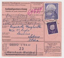 Bund, Heuss, Postanweisung Mannheim-Waldhof - Salerno