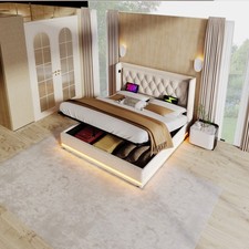 Polsterbett 160x200cm Beige Hydraulikstauraum USB-C LED Kopfteil ohne Matratze