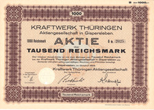 Kraftwerk Thüringen Aktiengesellschaft in Gispersleben - Aktie 1000 RM - 1929