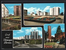 AK Dormagen-Horrem, Straßenpartie mit Blick auf die Hochhäuser, Kirche, Spielpl 