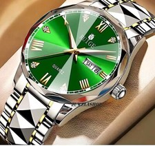 Luxus Herren Uhr mit Datum Wochentag Leuchtzeiger + Box Edelstahl Armband Gold