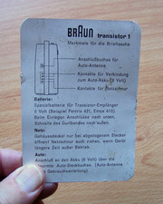 * Braun Transistor 1   Merkmale für die Brieftasche, doppelseitige Karte 1955 *