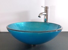 Aufsatz Glas Waschbecken blau 42cm Waschschale Waschtisch rund Glaswaschbecken