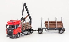 EMEK, SCANIA S730 6x4, roter Sattelzug mit 1+1-achsigem Holztransportanhänger...