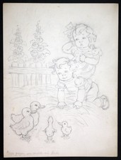 1940 Girl Boy Ducks Fence