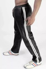 Herren Schwarz Leder Sweat Leder Hose Pure Schafsfell Weiß Streifen Sweatpant