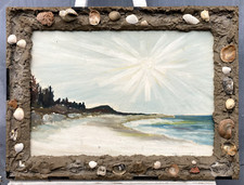 Ölbild Expressionist Sonniger Tag Strand Meer Bilderrahmen mit Muscheln Ostsee