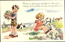 Künstler Ak Janser, Junge mit Blumenstrauß, Mädchen mit Hund - 3538815