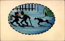 Scherenschnitt Ak Zwei Jungen, Handlaterne, Hund, Hundehütte, Kette - 3891124