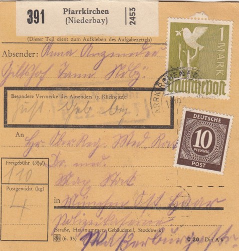 Paketkarte 1947 pfarrkirchen - paketkarte,