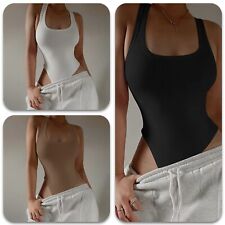 Ärmelloser Feinripp Taillen Hüfte hoher Bodysuit String Body weiß schwarz braun