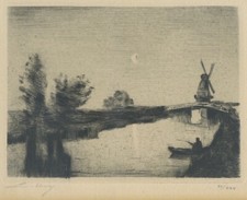 Lesser Ury - Kanal mit Mühle im Mondschein - Radierung 1923, signiert