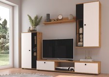 Wohnwand Salsa 2 Lamellenoptik Anbauwand Schrankwand MDF Weiss + Eiche Artisan