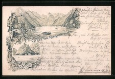 Lithographie Königssee, Ruderboot auf dem idyllisch gelegenen See 