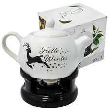 Glasierter Keramik Teekanne Set mit Stövchen und Teelicht 1000 ml Hello Winter