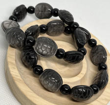 Silberner Obsidian Schildkröten Armband Stretcharmband Edelstein Kristall 15 mm