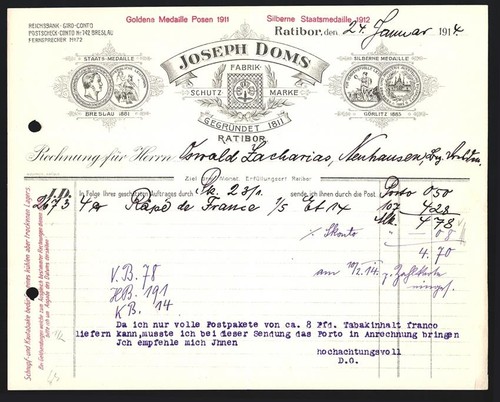 Rechnung ratibor 1914 joseph - ratibor,