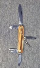 Altes 6fach Taschenmesser Hugo Hoppe Dreiherz Solingen, bunte Griffschalen