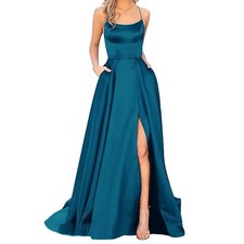 Damen Kleid Cocktailkleid Hochzeit geschlitzt Abschlussball Blau-Poseidon, M