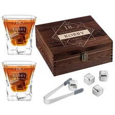 Whiskey Steine Set mit Gravur - 8 Eiswürfel wiederverwendbar + 2 Whiskygläser