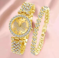 Uhr Schmetterling und  Armband mit Strass-Schmuck Set - Damen-Goldene Quarz Uhr