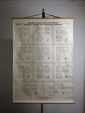 Schulwandkarte RÄUMLICHES DENKEN Rollkarte Mathematik Lehrtafel 1954