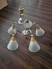 Deckenlampe Echtholz,  Zinn-Optik 5-armig, Milchglas Schirme vintage 