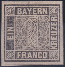 Bayern Schwarzer Einser Mi.Nr. 1 Ia, 1 Kr. Pl. 1 ungebraucht Falz * 1849 Befund