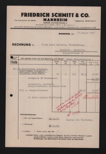 Mannheim rechnung 1937 - mannheim,,