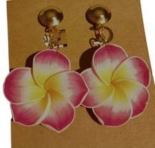 Hippie Ohrclips groß Ohrringe pink Blume Clips goldf ca 6,2cm lang zum Anklipsen