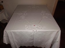 Antike Tischdecke 185x 128cm mit wunderschöner Lochstickerei und gewebtem Muster
