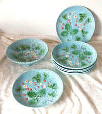Georg Schmider Zell Majolika Set Obstwäscher + 7 Teller = 8Teile Erdbeere Türkis