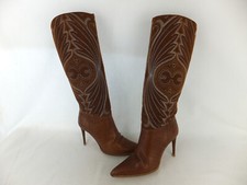 ESCADA Leder Stiefel 38,5 braun  Herz/Logo Stickerei Kroko/Reptil Optik TOP