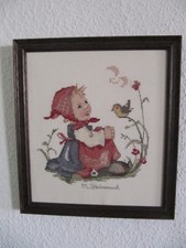 Bild, Hummel Motiv, Mädchen mit Vogel,  Kreuzstich, Handarbeit, Echtholzrahmen