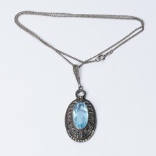 großer Art Deco Collier Blau Topas Silber Markasiten Anhänger Aquamarin 935