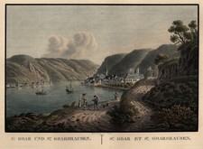 St. Goar u. St. Goarshausen Original kolorierter Kupferstich Roux 1826