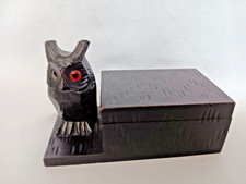 antiker Schreibtischaufsatz Deckeldose Holz Eule Glasaugen