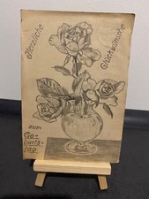 Vintage Postkarte handgezeichnetes Unikat, Blumenvase, Blumenstrauß, 1939