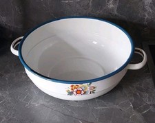 Alte Emaille Schüssel mit Henkeln Ø 28 cm Weiß mit Blumen Emaile Schüsseln A2