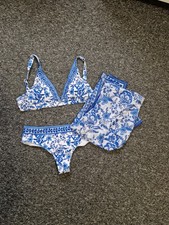 3 teiliger Bikini Und Hüfttuch Pareo Blau Weiß Größe M 38 Neu