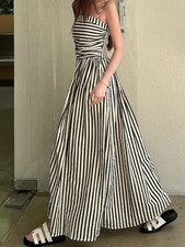 Damen-Off-Shoulder-Streifenkleid-Maxi-Kleid - Sommerkleid, Strandkleid, Urlaub