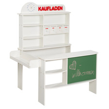 Kaufmannsladen Kaufladen, Holz weiß, Verkaufsstand, 4 Schubladen Uhr,Tafel Theke